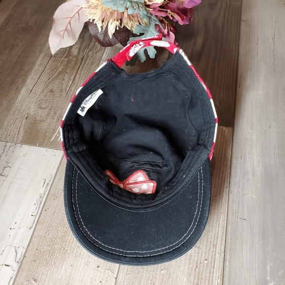 Minnie Mouse Hat Disney Parks Cap Cadet Red Polka Dot Bow Black Cotton Strapback - Picture 7 of 14